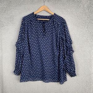 Talbots Top Womens 3X Blue Floral Tie Neck Smocked Ruffle Chiffon Boho Cottage